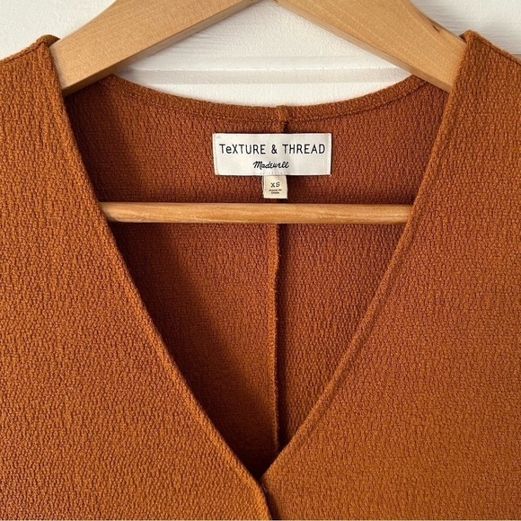 Madewell Texture & Thread Short Sleeve Side Tie Faux Wrap Mustard Dress Sz XS - Picture 3 of 7